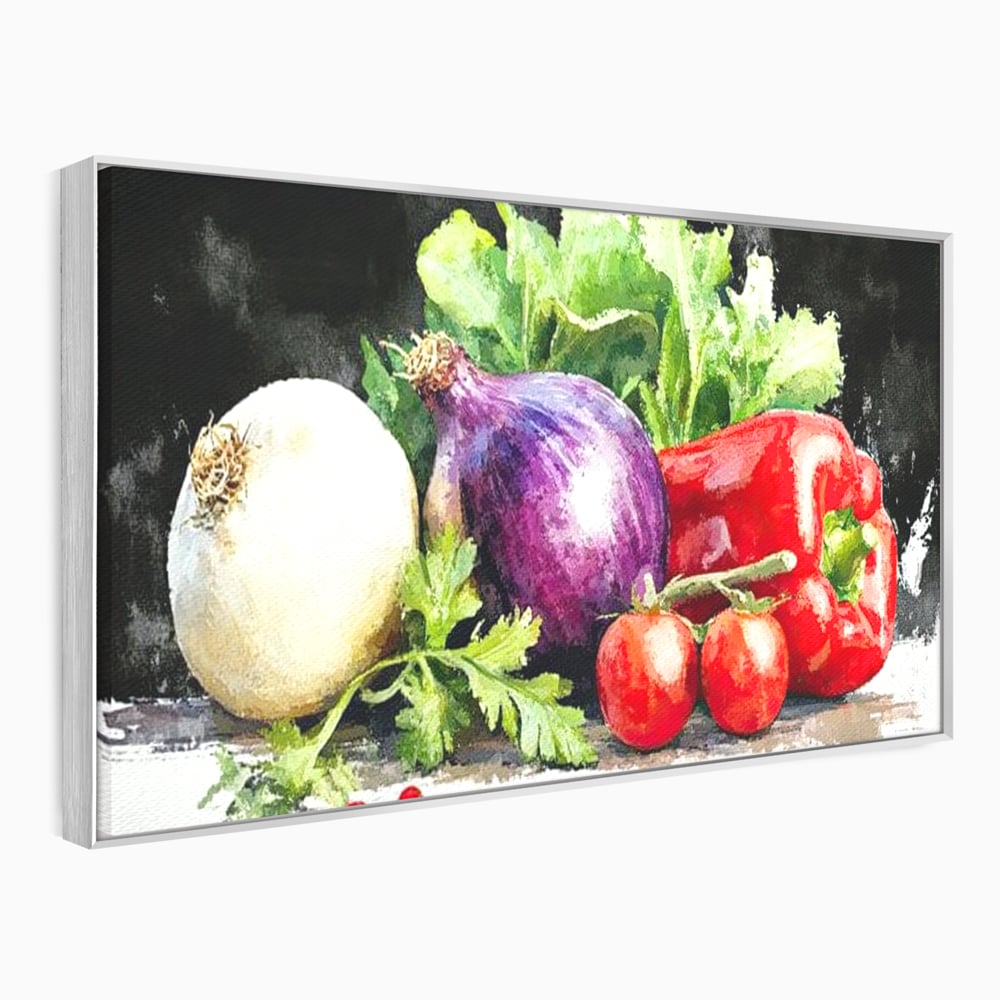 Tablou canvas cu pictura cu legume proaspete si verdeturi, in rama de aluminiu argintiu